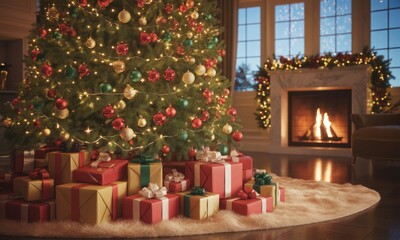 Obraz premium Christmas tree in a living room with presents
