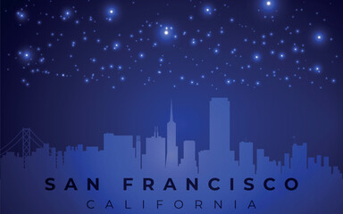 a stylized skyline of San Francisco, California, depicted as a silhouette against a dark blue background with scattered white stars, creating a night sky effect.
