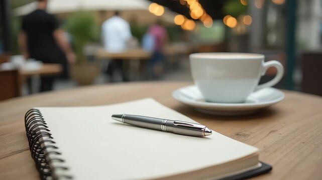 Coffee cup next to a notebook and pen on a wooden table in an outdoor cafe