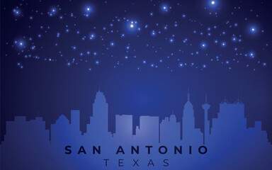 Fototapeta premium a stylized skyline of San Antonio, Texas, depicted as a silhouette against a dark blue background with scattered white stars, creating a night sky effect.