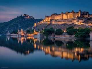 Obraz premium Twilight Views of Fort and Lake: A Stunning Landmark