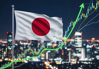 The flag of japan waves proudly against a backdrop of a city skyline at night, with a rising green graph indicating economic growth and upward trend