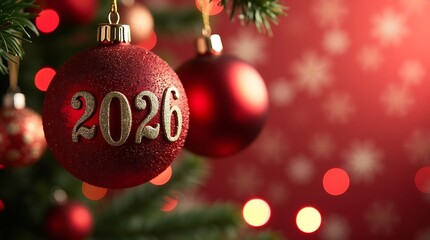 Floating Red Christmas Ornaments with 2026 Typography and Colorful Festive Bokeh Lights