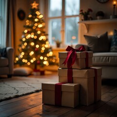 An array of elegant Christmas gift boxes wrapped in red and brown paper,