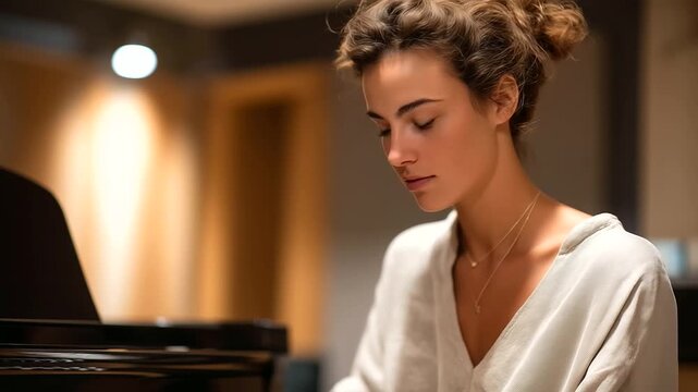 female musician recording piano piece in professional studio warm sound panels glowing monitors artistic dedication three quarter wide angle cinematic color correction gentle bac