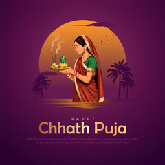 Happy Chhath Puja holiday background celebrating traditional festival of India. Creative vector illustration.