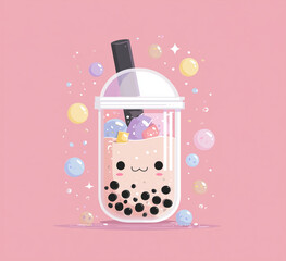 Cute kawaii bubble tea cup with smiling face, black tapioca pearls and colorful candy floating on pink background illustration