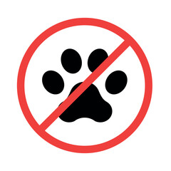 No Pets Allowed Vector Sign on White Background. Black Solid Cat Paw and Red Prohibition Flat Icons. 