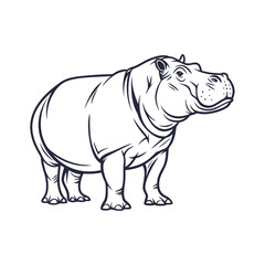 Detailed black and white line drawing of a standing hippopotamus in profile