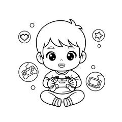 Cute boy playing robot toy outline illustration