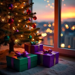 An array of elegant Christmas gift boxes wrapped in purple paper,