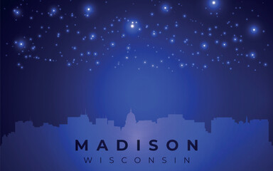 Naklejka premium silhouette of the city against the backdrop of the starry night sky. In the foreground, you can see the outline of skyscrapers representing the skyline of Madison, Wisconsin. 