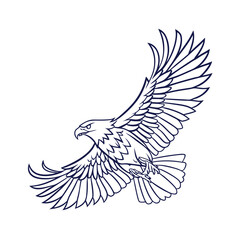 Detailed line art drawing of a majestic eagle in mid flight with outstretched wings