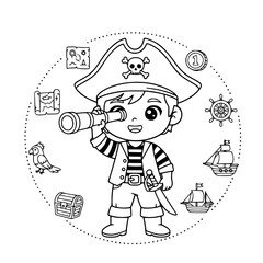 Cute boy pirate costume playing outline illustration