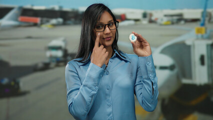 Woman holding bitcoin at airport terminal symbolizes digital currency travel innovation.