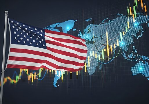 American flag waving in front of a world map overlaid with financial stock market data, representing the united states role in global economics