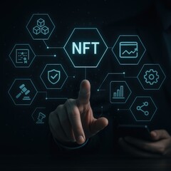 The image depicts a person's hand interacting with a digital interface displaying the concept of a non-fungible token (NFT).