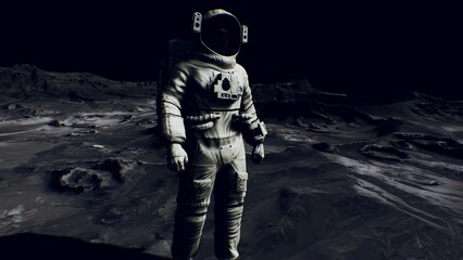 Under the dim light of a distant sun, an astronaut in a spacesuit stands on the lunar surface, surrounded by rocky terrain and shadows. © icetray