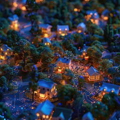 An aerial nighttime view of a miniature village nestled within a circuit board, illuminated by warm interior lights, showcasing intricate detail and a blend of natural and technological elements