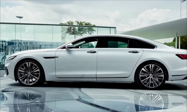 Video: A clean, shiny white car, filmed from a low angle from the side with the camera panning from right to left. ai, Ai-generated