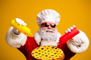 Festive Santa Claus adding a twist with playful condiments and a chef's hat, showcasing holiday fun...