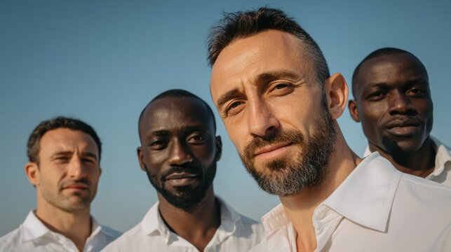 Successful smiling group portrait under a clear blue sky during a sunny day - Powered by Adobe