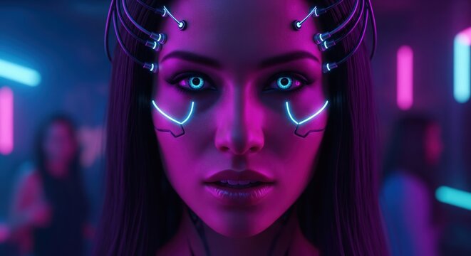 Extreme Close-up Cybernetic Woman with Glowing Blue Eyes and Wires