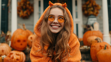Smiling young woman in orange devil costume with pumpkins on Halloween