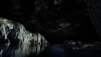 Under a blanket of night, dark cliffs emerge from the calm waters, mirroring the mystery of the midnight sky. Natures artistry captivates the soul in this tranquil setting.