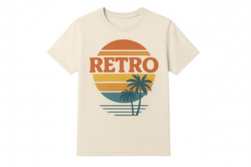 Retro summer t-shirt design featuring tropical sunset, palm trees, and vintage style, transparent background