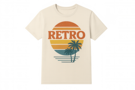 Retro summer t-shirt design featuring tropical sunset, palm trees, and vintage style, transparent background
