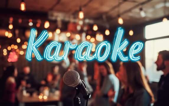 Blue glowing lettering Karaoke on window of cafe-bar