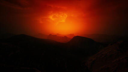 As the sun sets behind rugged mountains, a breathtaking array of warm orange and red hues lights up the sky. The tranquil atmosphere evokes a sense of peace and wonder in natures beauty.