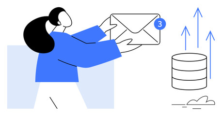 Female figure holding an envelope with a notification bubble. Nearby, a database icon with arrows represents progress, communication, and data transfer. Ideal for technology, email, connectivity
