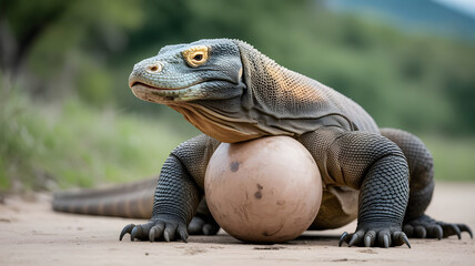 Obraz premium Photorealistic Komodo Dragon with a Giant Egg