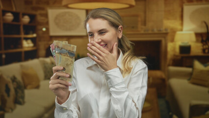 Woman holding canadian dollars in a stylish hotel room with joy, capturing a moment of financial...