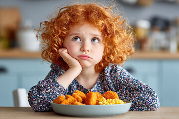 Red-haired girl with freckles sitting at a table, resting her head on her hand and looking upset, refusing to eat chicken nuggets on a plate.