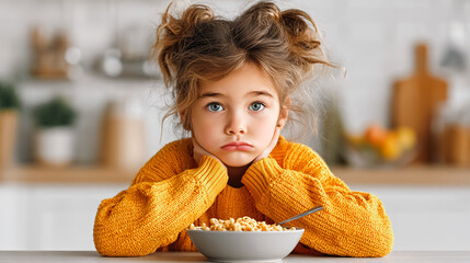 Child with curly hair in orange sweater sits at table, refusing to eat cereal from bowl, displaying emotions of frustration and disinterest in food
