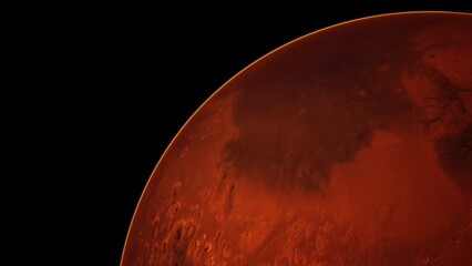 Radiating hues of red envelop the surface of Mars, showcasing its rocky terrain and swirling clouds. This cosmic vista invites curiosity about what lies beyond our planet.