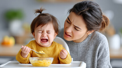 Child in high chair refusing to eat, expressing frustration with food, while mother looks concerned, creating a relatable moment of parenting challenges and mealtime struggles