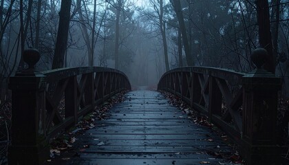 Fototapeta premium Creepy bridge in a haunted forest, empty middle for marketing content