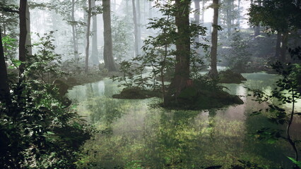 Lush greenery surrounds a still pond in a dense forest. Sunlight filters through the treetops, casting gentle shadows on the water’s surface. Nature thrives in peace.