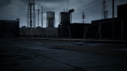 Dim lighting casts shadows over an industrial area, hinting at recent rain. Dark structures loom while power lines create a stark silhouette against stormy clouds, evoking an eerie atmosphere. © icetray