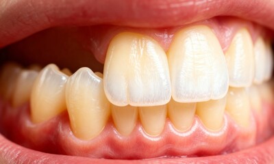 Close-up macro of natural human teeth and gums with detailed surface texture visible
