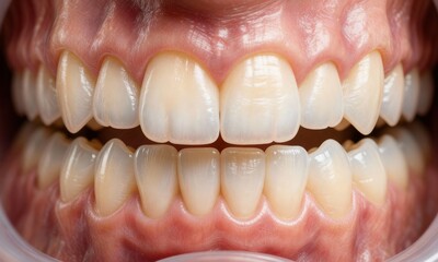 Close-up macro of healthy human teeth and gums with detailed enamel texture and alignment