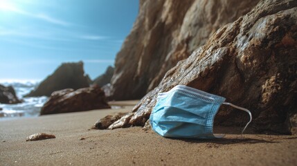 Single-use Face Covering Resting on Sunny Beach Rocks Amidst Pollution: A Reflection on Environment