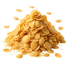 Pile of golden corn flakes cereal scattered and isolated on transparent background