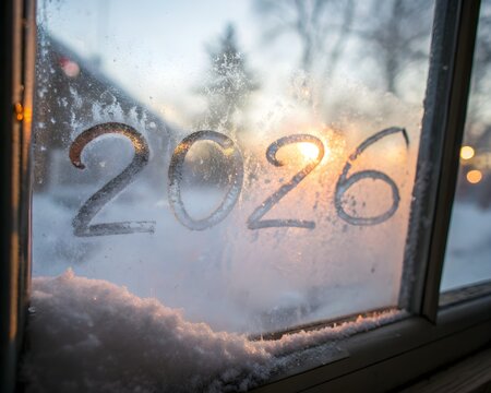 Close-up frosted glass window with glowing icy digits 2026, soft blurred snow outside