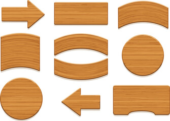 Wooden geometric shapes cartoon illustration in 3x3 grid layout with polished texture isolated on white background for design and education