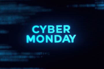 Cyber Monday Sale Promotion: A dynamic digital display showcasing the words Cyber Monday in a vibrant neon blue against a dark, abstract background with glowing code lines.